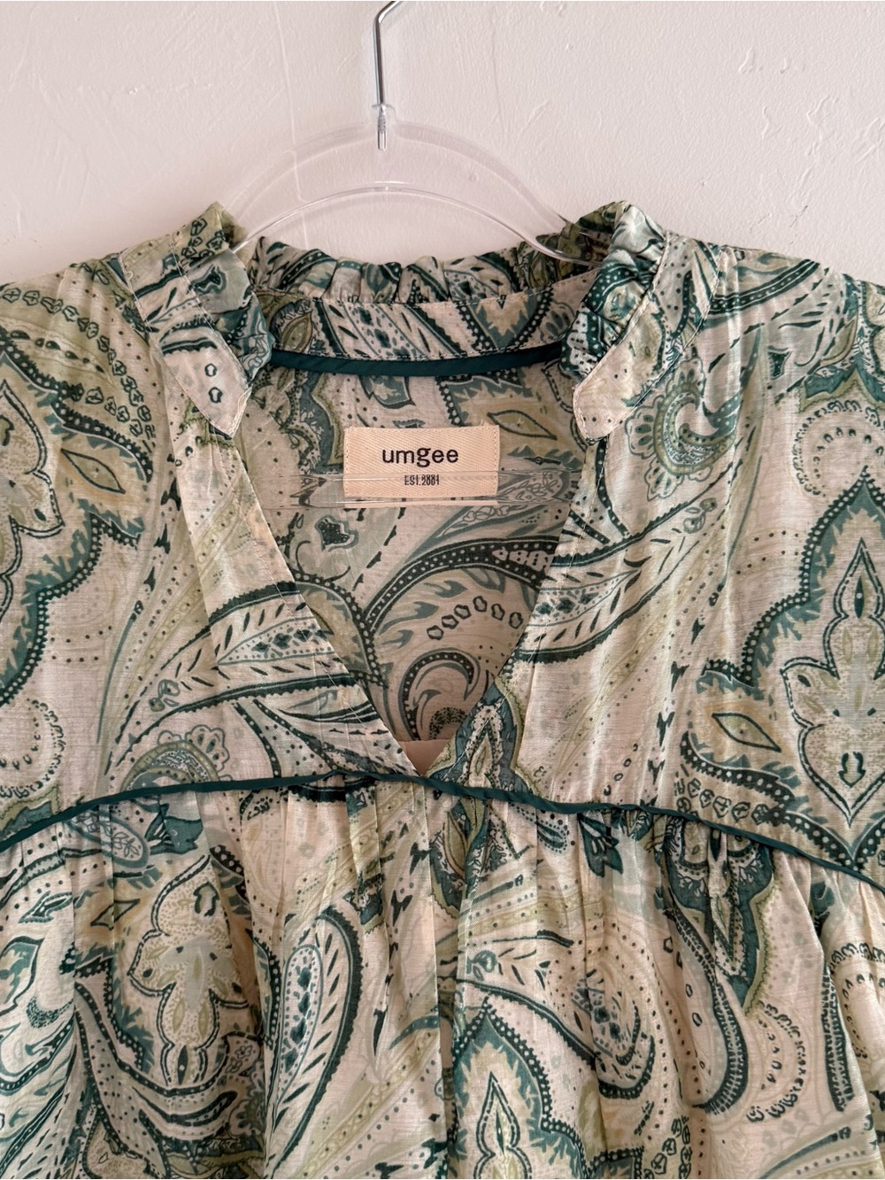 Umgee Green Ivory Paisley Peasant Blouse 3/4 Sleeve Boho Top Medium - Picture 4 of 13